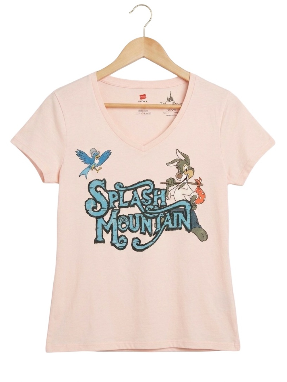 VTG Disney Parks Splash Mountain Hanes Nano V-Neck Shirt Small Pink Brer Rabbit